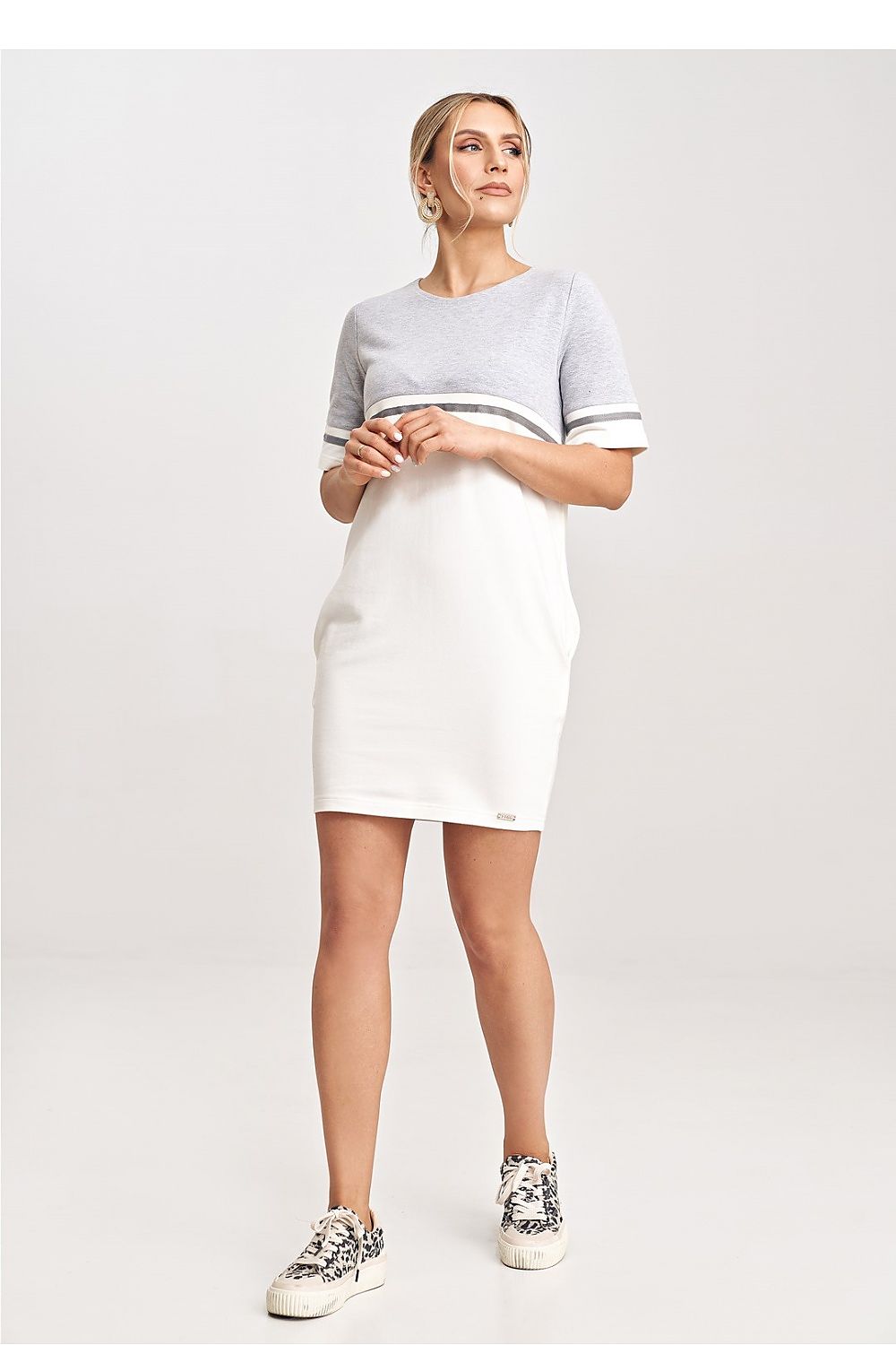 Chic and versatile cotton mini dress by Figl with elegant short sleeves, perfect for both work and casual outings.