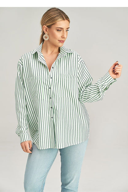 Asymmetrical long sleeve shirt with decorative buttons and pockets by Figl, featuring a luxurious draped silhouette, crafted from a blend of polyester and viscose, ideal for sophisticated casual wear.