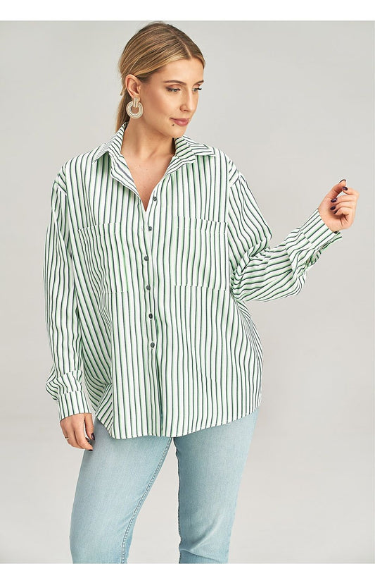 Asymmetrical long sleeve shirt with decorative buttons and pockets by Figl, featuring a luxurious draped silhouette, crafted from a blend of polyester and viscose, ideal for sophisticated casual wear.