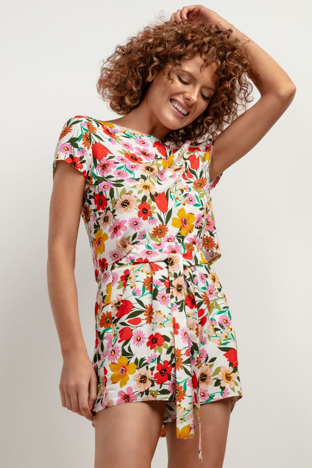 Tessita T408 viscose patterned blouse styled elegantly against a light backdrop, showcasing its summer charm and luxurious fabric.