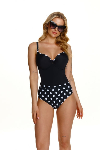 Lupo Line elegant black and white polka dot one-piece swimsuit featuring adjustable underwire bra, perfect for stylish beach and pool outings.