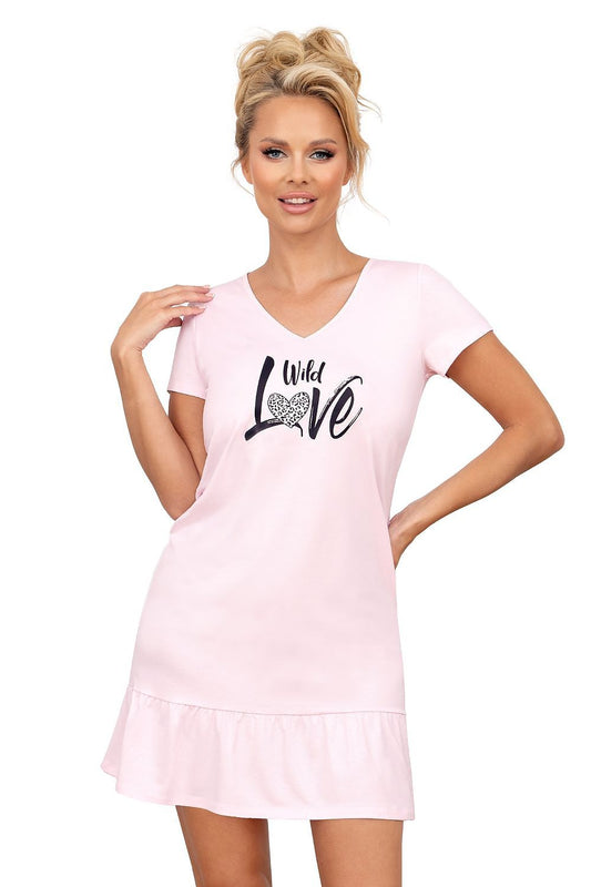 Luxurious cotton nightgown by Donna featuring a panther print design, V-neckline, and frill hem for elegant nightwear.