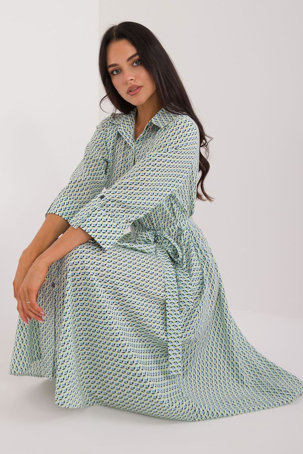 Elegant Midi Shirt Dress by Lakerta featuring a stylish tie belt, 3/4 sleeves and slip pockets, perfect for a sophisticated look.
