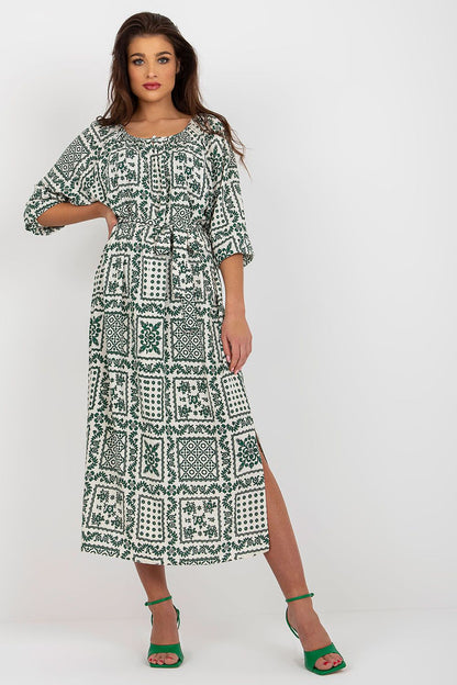 Elegant Summer Boho Midi Dress by Lakerta, featuring 3/4 sleeves, chic tie belt, and breathable viscose fabric, perfect for warm weather styling.