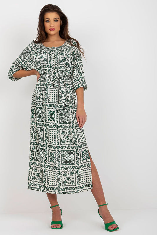 Elegant Summer Boho Midi Dress by Lakerta, featuring 3/4 sleeves, chic tie belt, and breathable viscose fabric, perfect for warm weather styling.