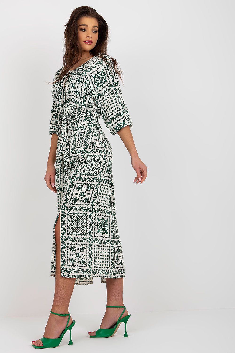 Stylish close-up of Lakerta's Summer Boho Midi Dress, showcasing the intricate print, 3/4 sleeves, and luxurious viscose fabric for a sophisticated summer look.