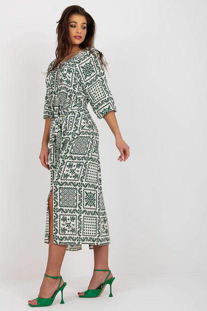 Stylish close-up of Lakerta's Summer Boho Midi Dress, showcasing the intricate print, 3/4 sleeves, and luxurious viscose fabric for a sophisticated summer look.