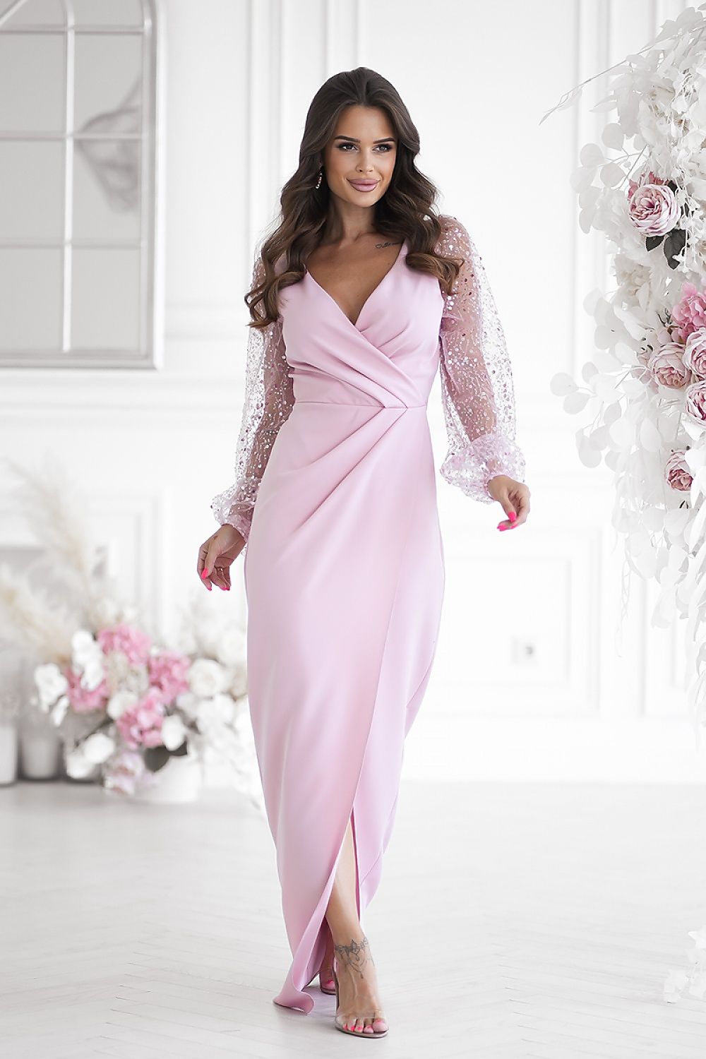 Full view of Bicotone's exquisite long dress highlighting the exquisite heart-shaped neckline and stylish slit.