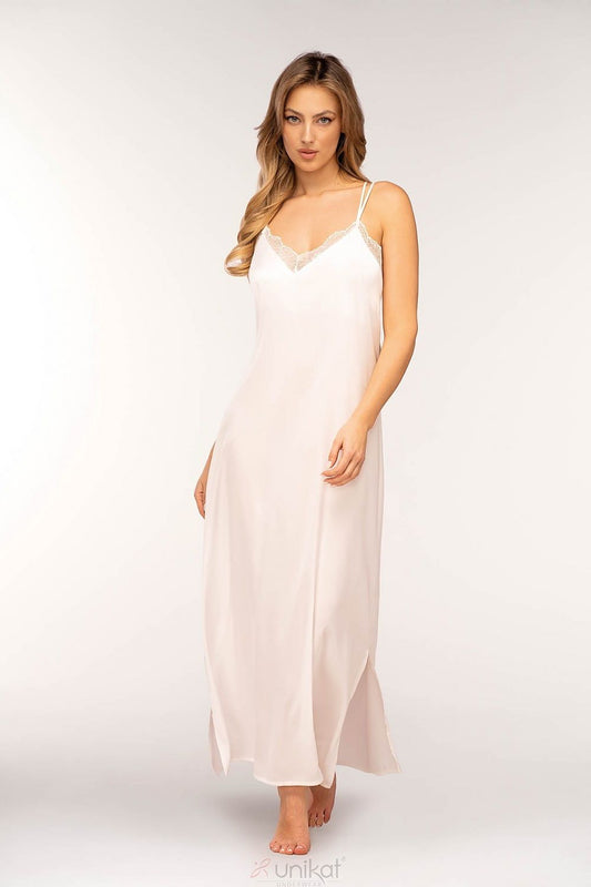 Elegant Ginny long strapless slip by Unikat featuring a delicate lace heart neckline, crossed back straps, and a sensual side slit design, perfect for a luxurious evening.