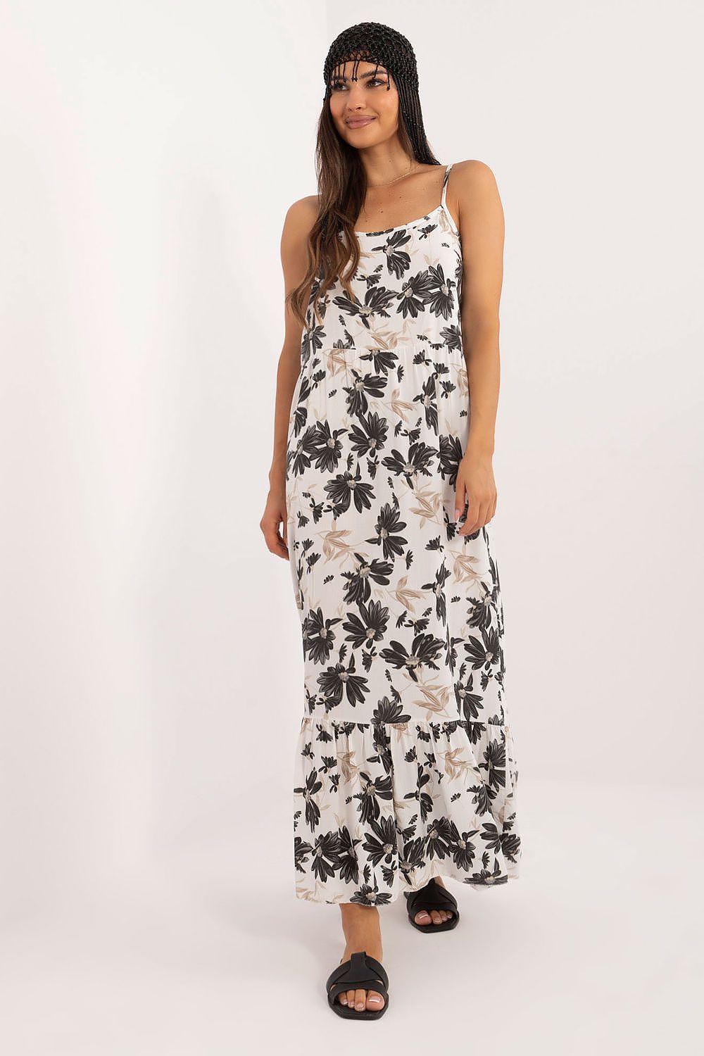 Elegant floral print viscose midi summer dress with ruffles by Italy Moda, featuring a strapless design and a flattering silhouette.