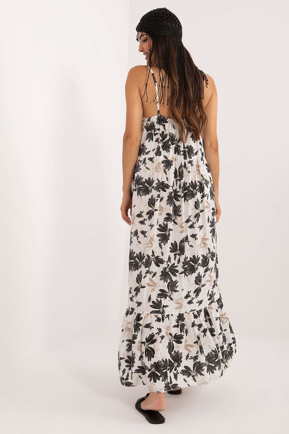 Elegant strapless floral print midi summer dress by Italy Moda showcasing airy viscose fabric and delicate ruffles at the hem.