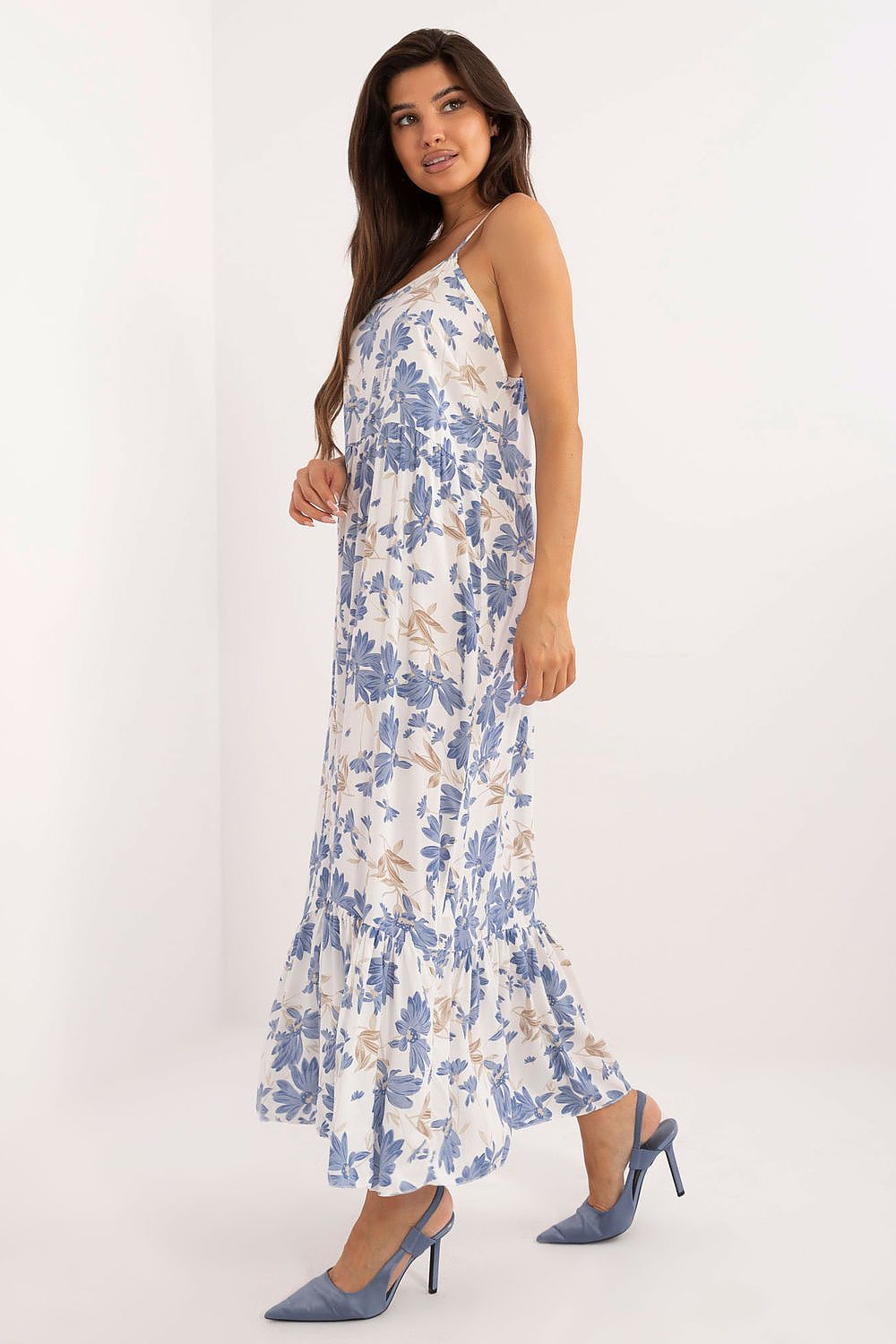 Chic strapless gown featuring a romantic floral design by Italy Moda, highlighting shoulders with a rectangular neckline for a sophisticated look.
