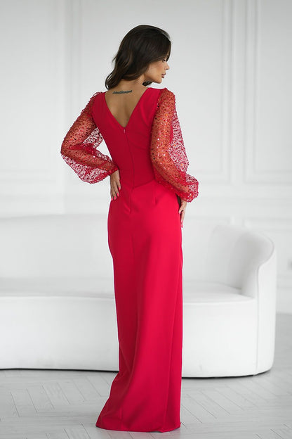 Stunning Bicotone long dress with glamorous sequin sleeves and a stylish heart-shaped neckline, perfect for chic evening events.