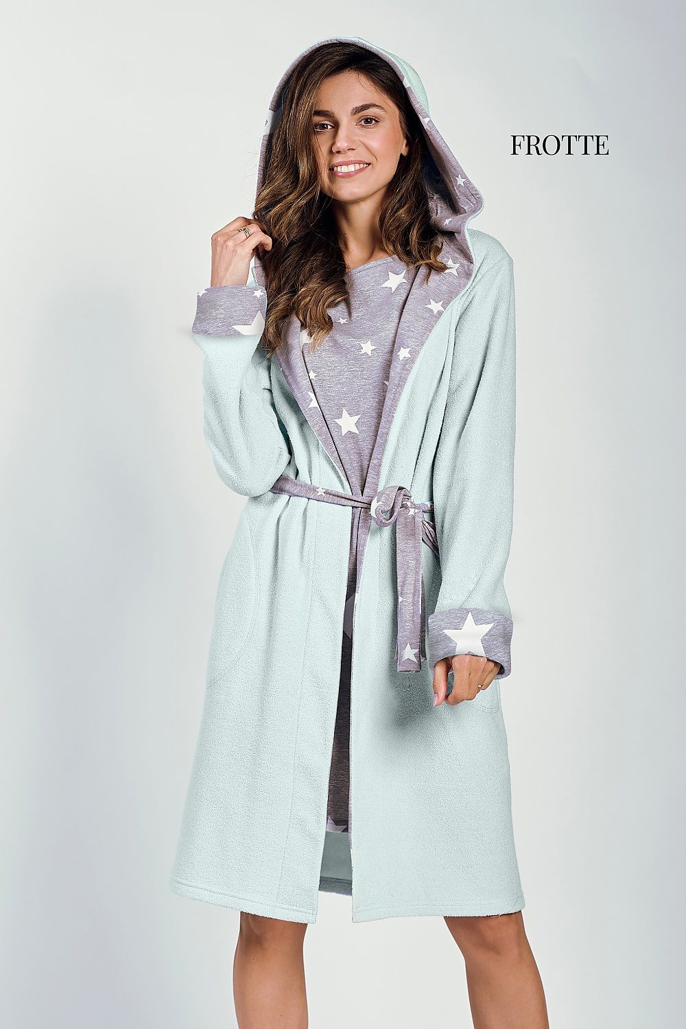 Luxurious women's hooded bathrobe by Taro made from soft 100% cotton terry, featuring star trim and convenient hip pockets.