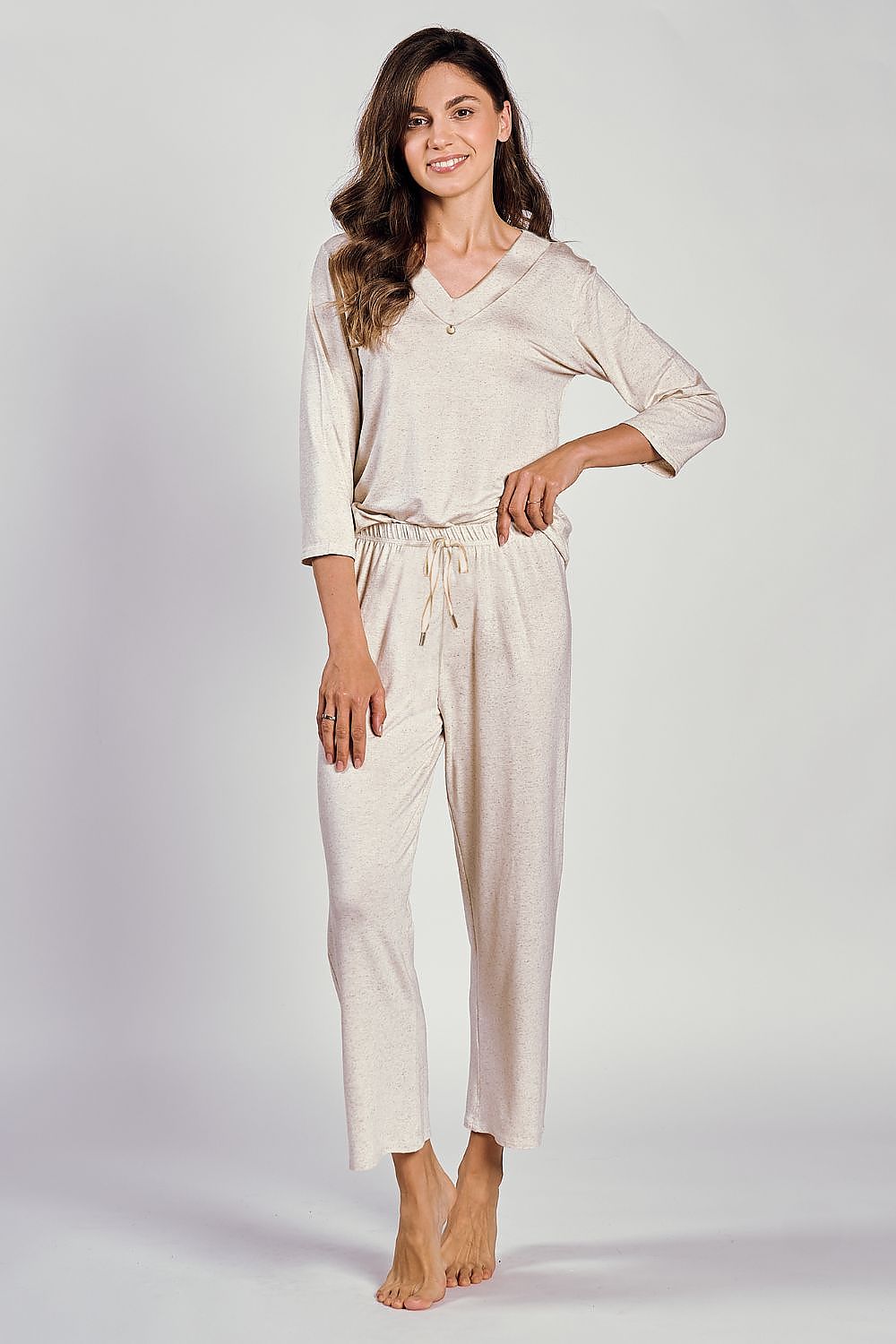Luxury women's pyjama set by Taro featuring melange viscose and linen, including a stylish V-neck blouse and elegant long trousers, perfect for casual home wear.