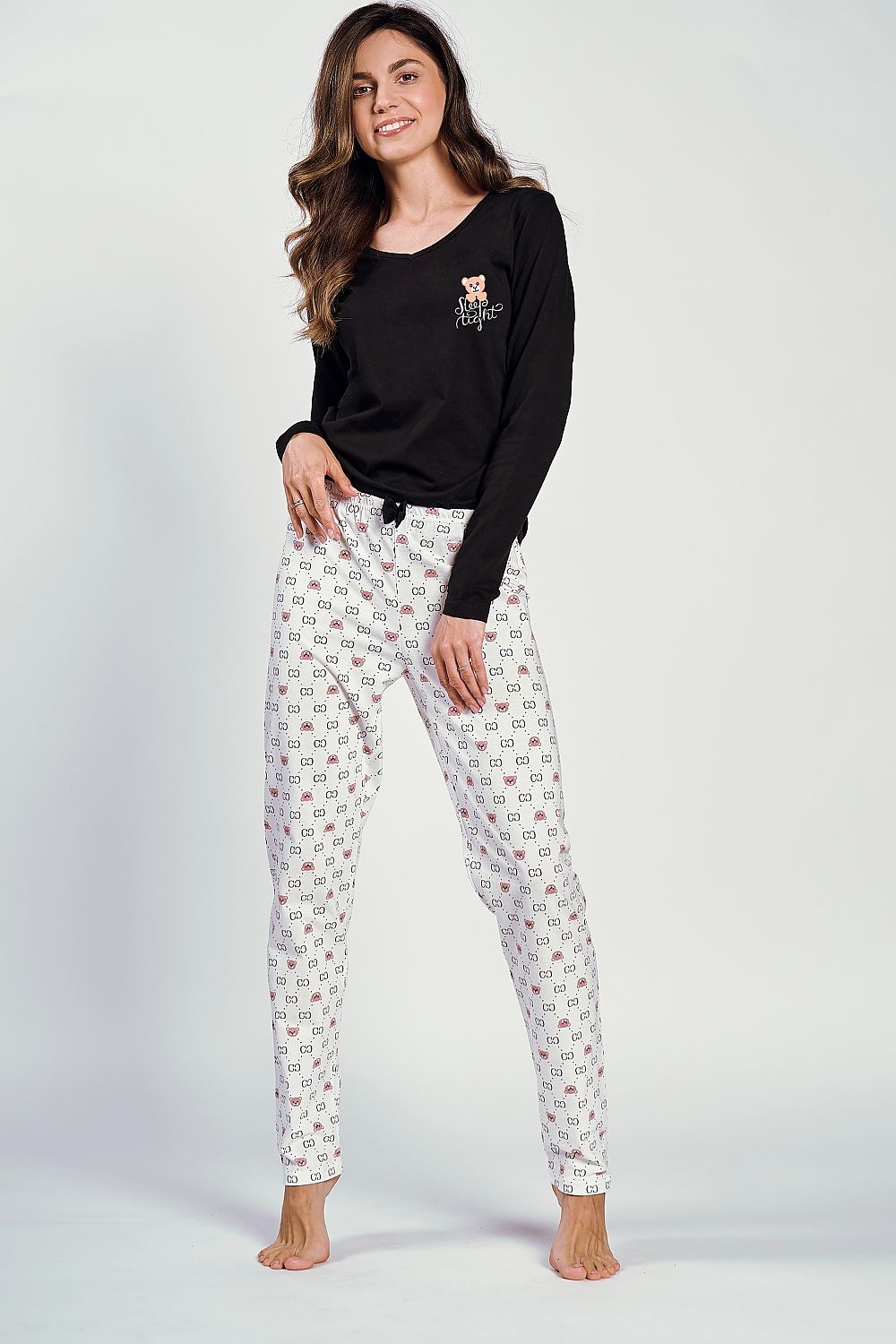 Luxury Women's Cotton Pyjamas Set by Taro featuring a stylish half-circle neckline and elegant bow detail, designed for comfort and sophistication.