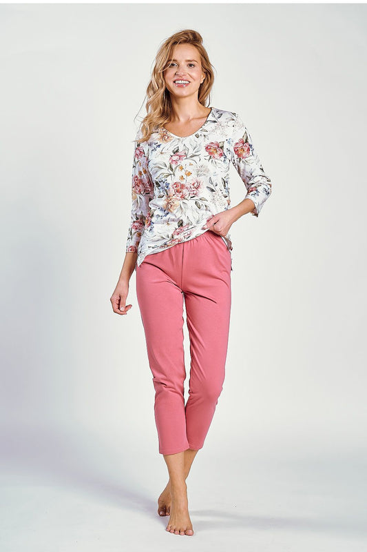 Luxury Women's Cotton Pyjamas Set by Taro featuring a 3/4 sleeve blouse made from soft cotton, perfect for comfort and style.