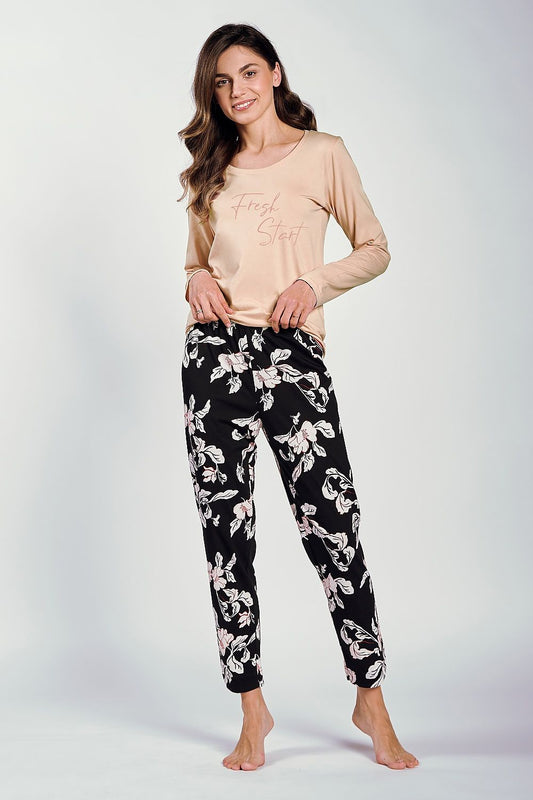 Elegant Women's Cotton Pyjamas Set by Taro featuring a long-sleeved blouse with a semi-circular neckline and stylish long pants, perfect for cooler nights.