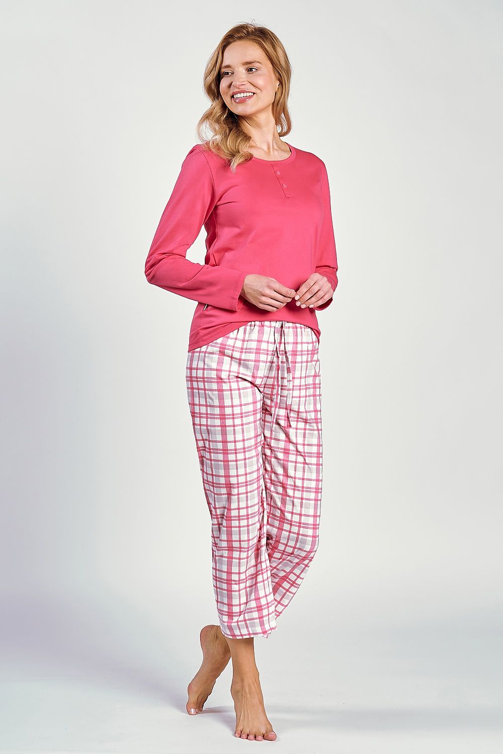 Luxury women's cotton pyjamas set by Taro featuring a long sleeve blouse and 7/8 length pants in elegant style.