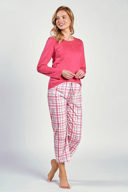 Luxury women's cotton pyjamas set by Taro featuring a long sleeve blouse and 7/8 length pants in elegant style.