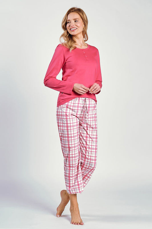 Luxury women's cotton pyjamas set by Taro featuring a long sleeve blouse and 7/8 length pants in elegant style.