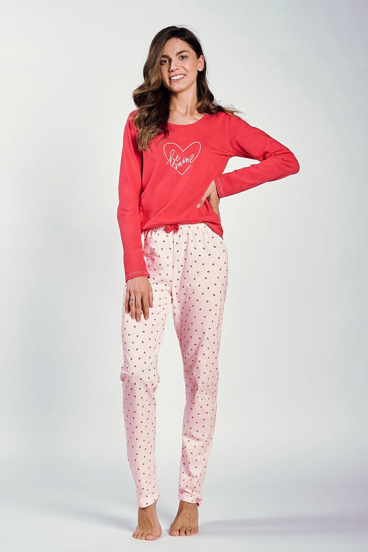 Luxurious women's cotton pyjamas set by Taro, featuring an elegant long-sleeved blouse with delicate prints and stylish printed pants with an elastic waistband and decorative bow.