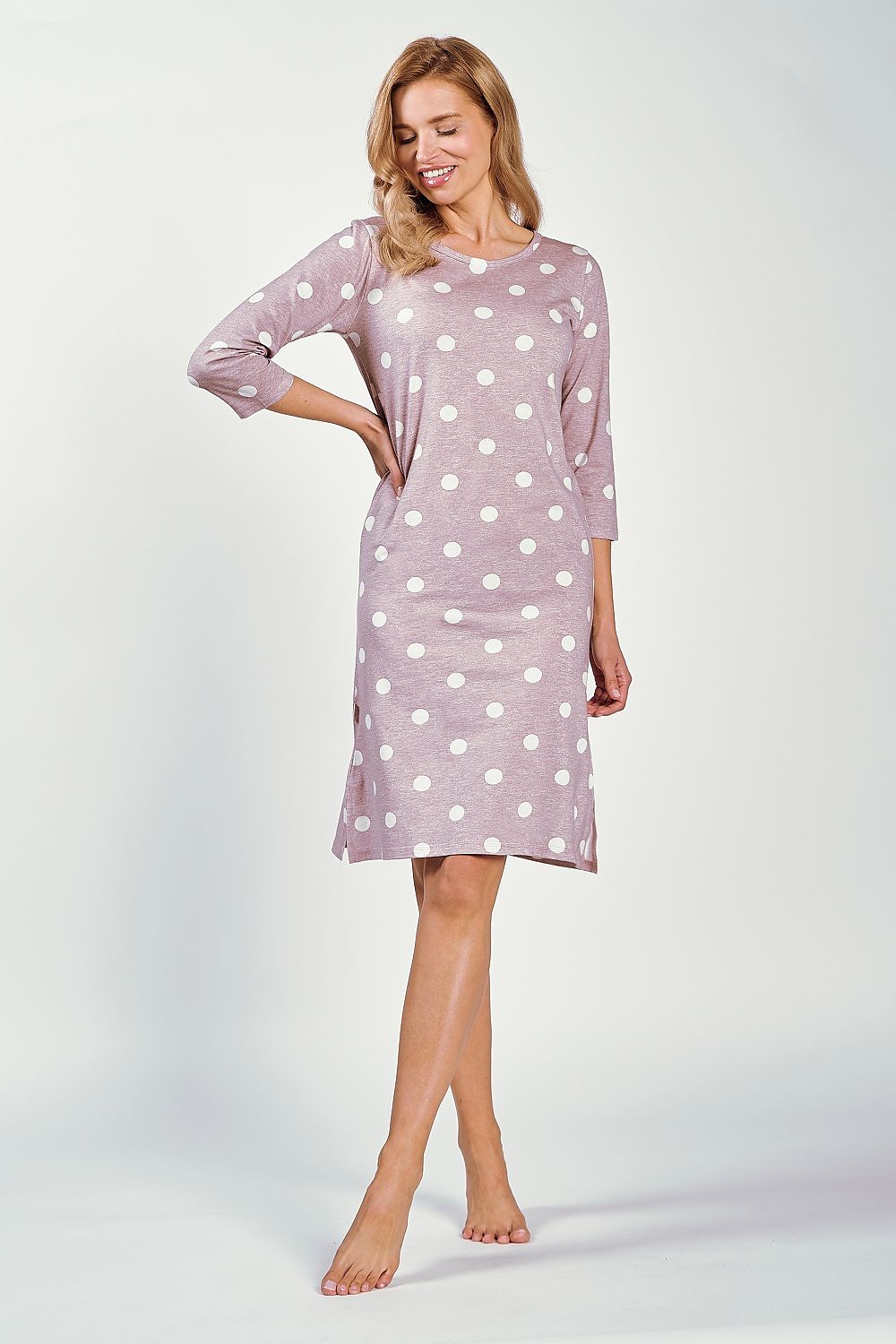 Elegant Taro cotton nightshirt featuring 3/4 sleeves and stylish side slits, perfect for luxurious nights in.