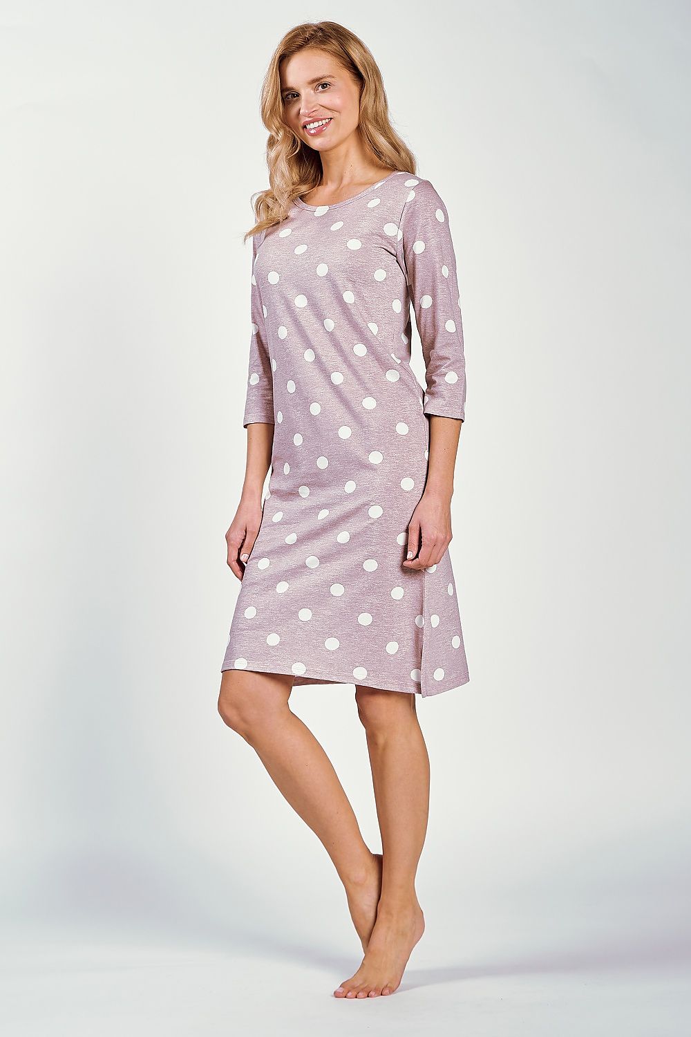 Soft and comfortable Taro nightgown elegantly designed with a round neckline and pre-knee length for a sophisticated sleepwear look.