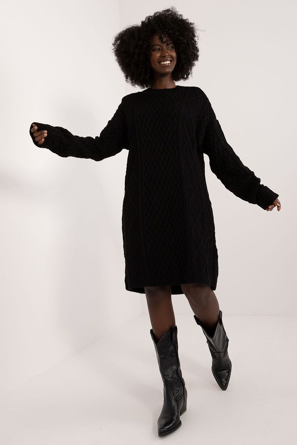 Stunning knee-length daydress by Badu featuring a comfortable acrylic-wool blend, stylish long sleeves, and an elegant round neckline, perfect for luxurious everyday wear.