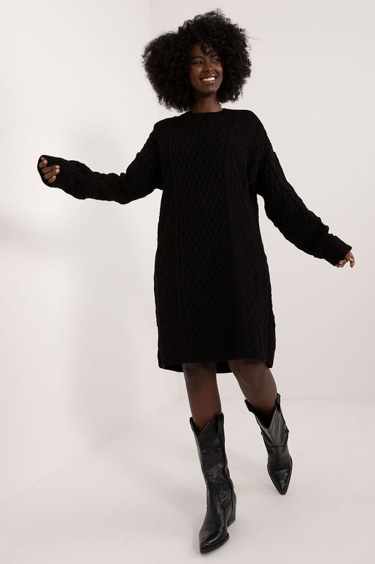 Stunning knee-length daydress by Badu featuring a comfortable acrylic-wool blend, stylish long sleeves, and an elegant round neckline, perfect for luxurious everyday wear.