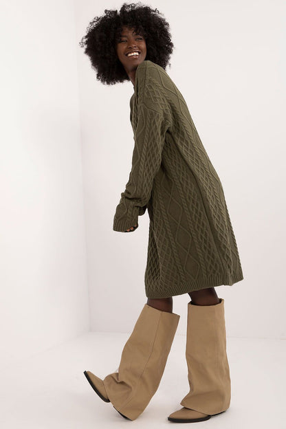 Luxurious knee-length daydress by Badu, crafted from a soft acrylic-wool blend, featuring long sleeves and an elegant round neckline, perfect for stylish comfort in cool weather.