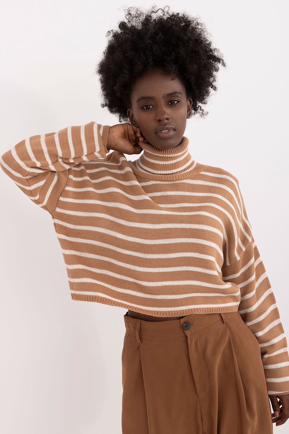 Luxury women's striped turtleneck sweater by Badu in soft acrylic and wool blend, showcasing long sleeves and elegant stripes for a fashionable look.