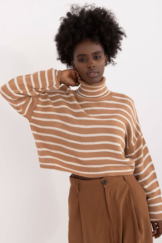 Luxury women's striped turtleneck sweater by Badu in soft acrylic and wool blend, showcasing long sleeves and elegant stripes for a fashionable look.