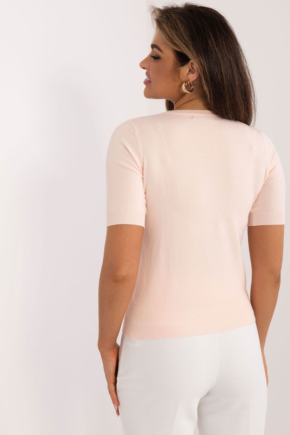 Close-up view of luxurious women's short sleeve sweater in a smooth pattern, showcasing its high-quality viscose-blend fabric, designed by Factory Price.