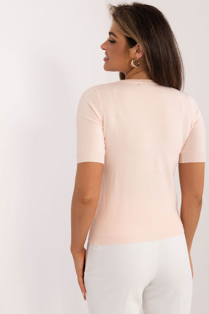 Close-up view of luxurious women's short sleeve sweater in a smooth pattern, showcasing its high-quality viscose-blend fabric, designed by Factory Price.
