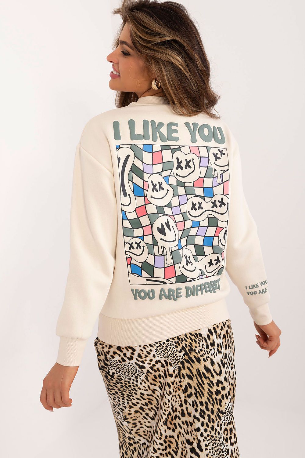 Stylish Women's insulated sweatshirt by Sublevel, crafted from premium cotton-polyester blend, adorned with an eye-catching large print on the back, ideal for sophisticated casual wear.