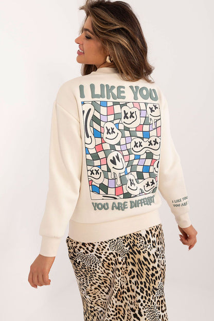 Stylish Women's insulated sweatshirt by Sublevel, crafted from premium cotton-polyester blend, adorned with an eye-catching large print on the back, ideal for sophisticated casual wear.