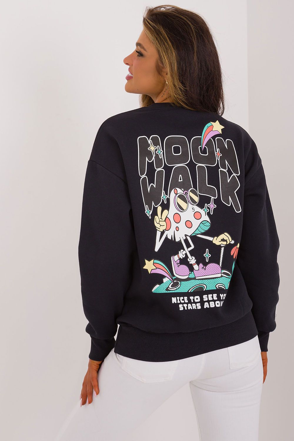 Close-up view of Sublevel's Women's insulated sweatshirt, showcasing its premium cotton-polyester fabric and unique back print, ideal for both casual and outdoor activities.