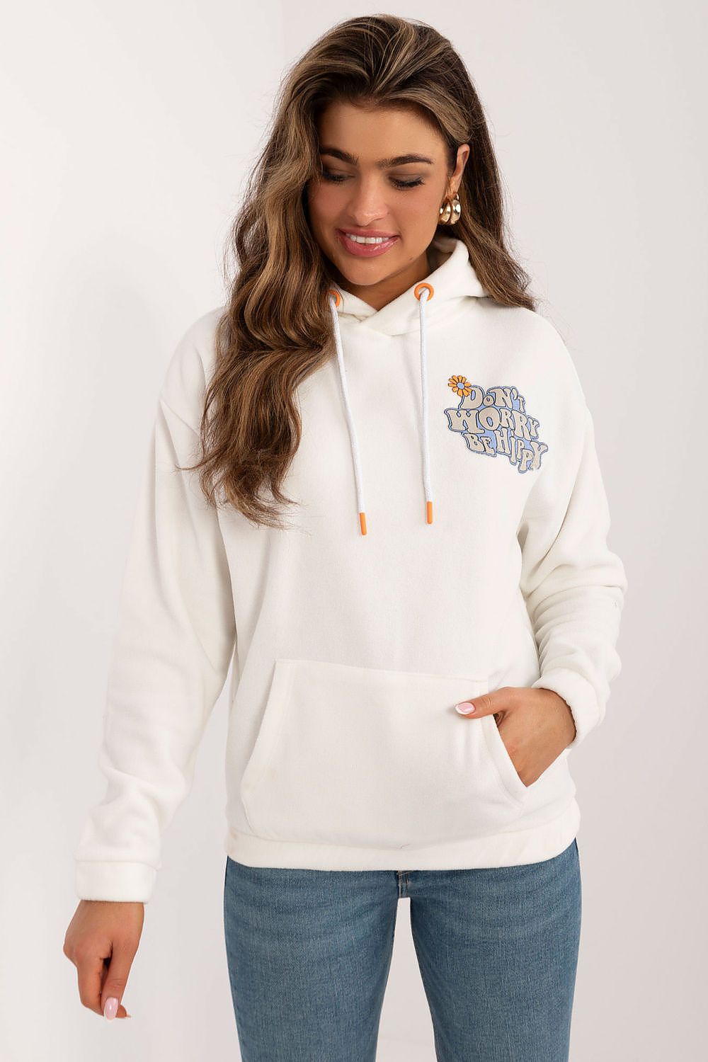 Luxurious women's casual polyester sweatshirt with hood by Sublevel, featuring a large back print and practical kangaroo pocket, perfect for stylish everyday wear.