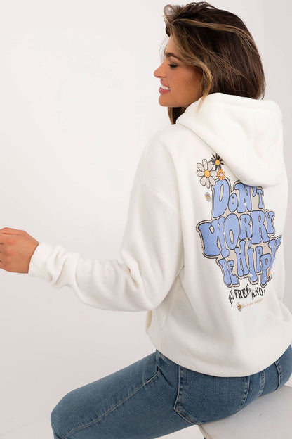 Chic women's sweatshirt from Sublevel made of 100% polyester, designed with a cosy kangaroo pocket and a striking back print for a modern look.