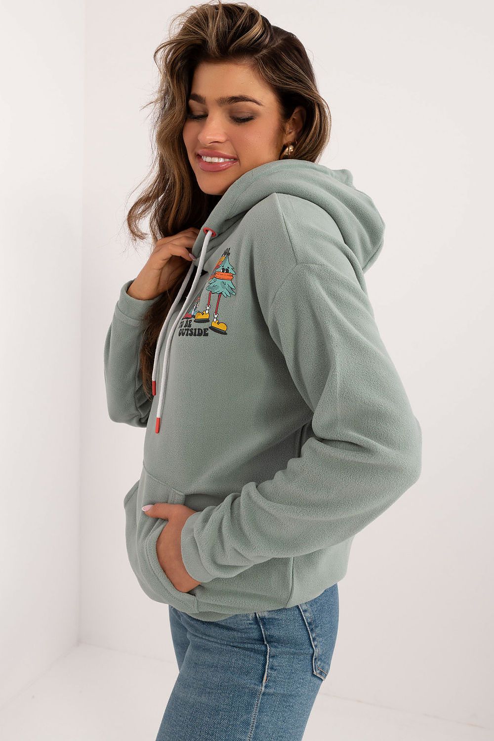 Luxurious Women's casual polyester sweatshirt from Sublevel featuring a stylish hood, kangaroo pocket, and large back print, perfect for upscale everyday wear.