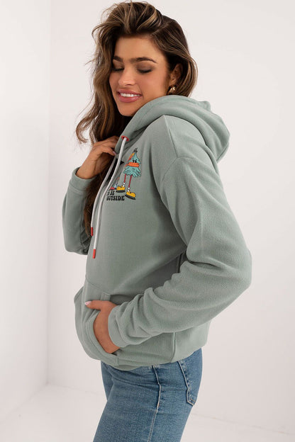 Luxurious Women's casual polyester sweatshirt from Sublevel featuring a stylish hood, kangaroo pocket, and large back print, perfect for upscale everyday wear.