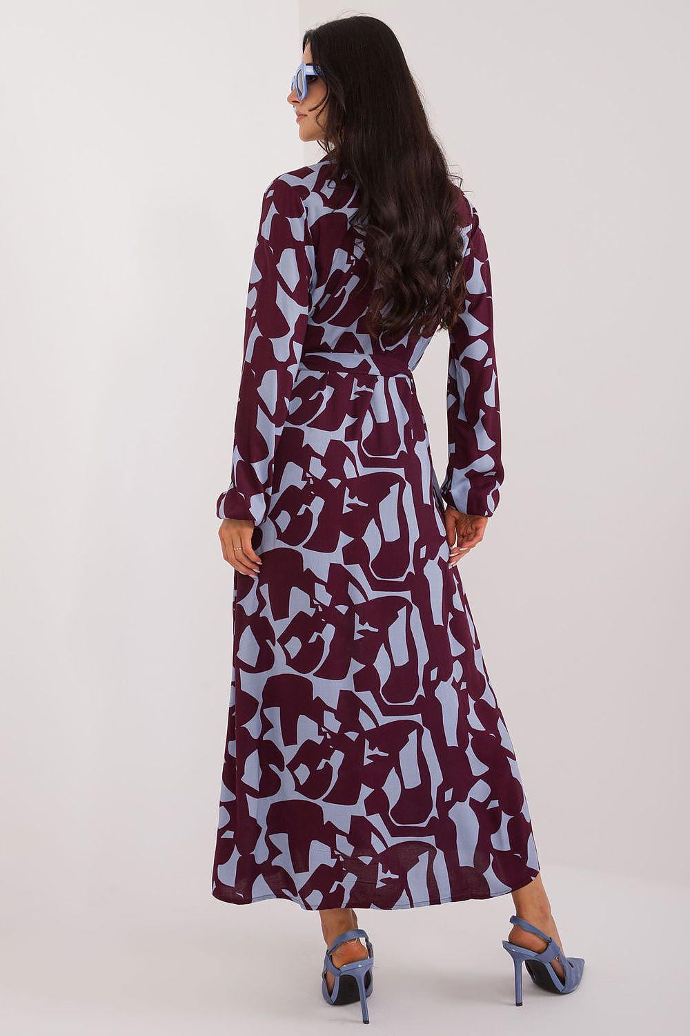 Full view of the Sublevel eco-friendly maxi shirt dress, showcasing its long sleeves and chic print, ideal for a sophisticated and sustainable wardrobe.