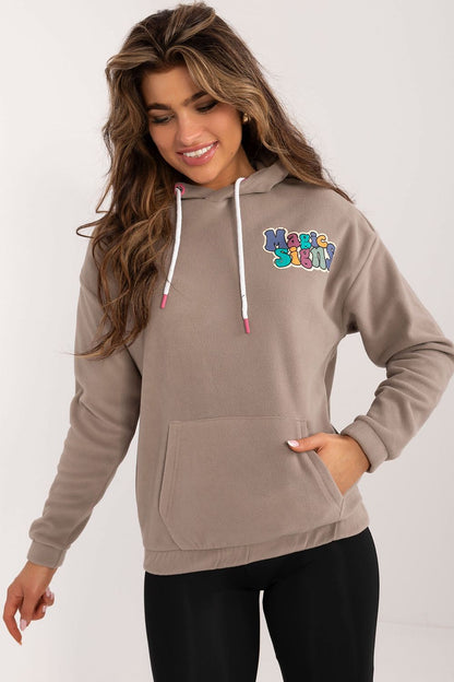 Stylish women's casual polyester sweatshirt by Sublevel featuring a hood, kangaroo pocket, and large back print, designed for comfort and elegance on cooler days.