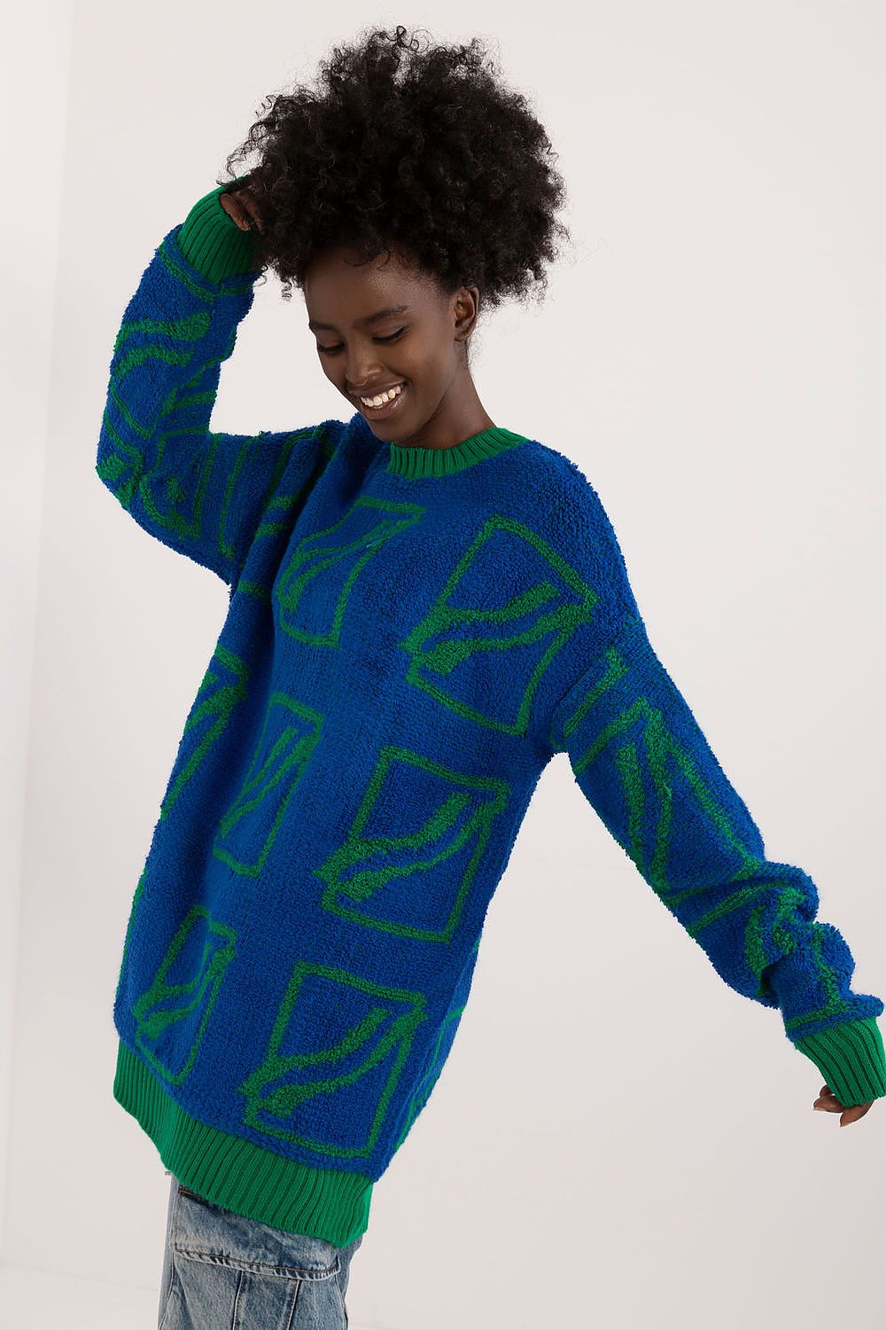 Luxury Women's Long Cut Jumper by Badu in a soft acrylic-wool blend, showcasing a stylish casual print and elegant round neckline.