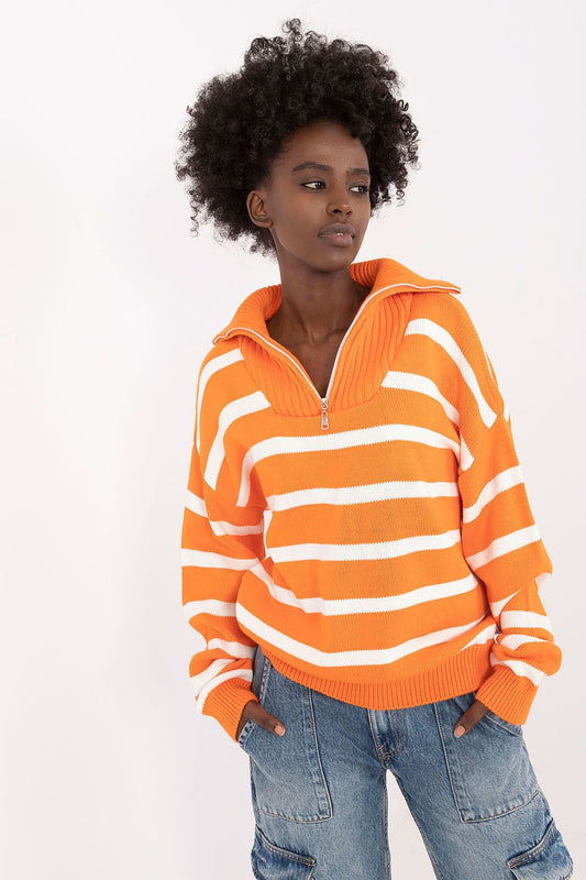 Luxury women's striped turtleneck sweater by Badu, featuring a stylish button-up collar, crafted from an acrylic-wool blend, perfect for elegant everyday wear.