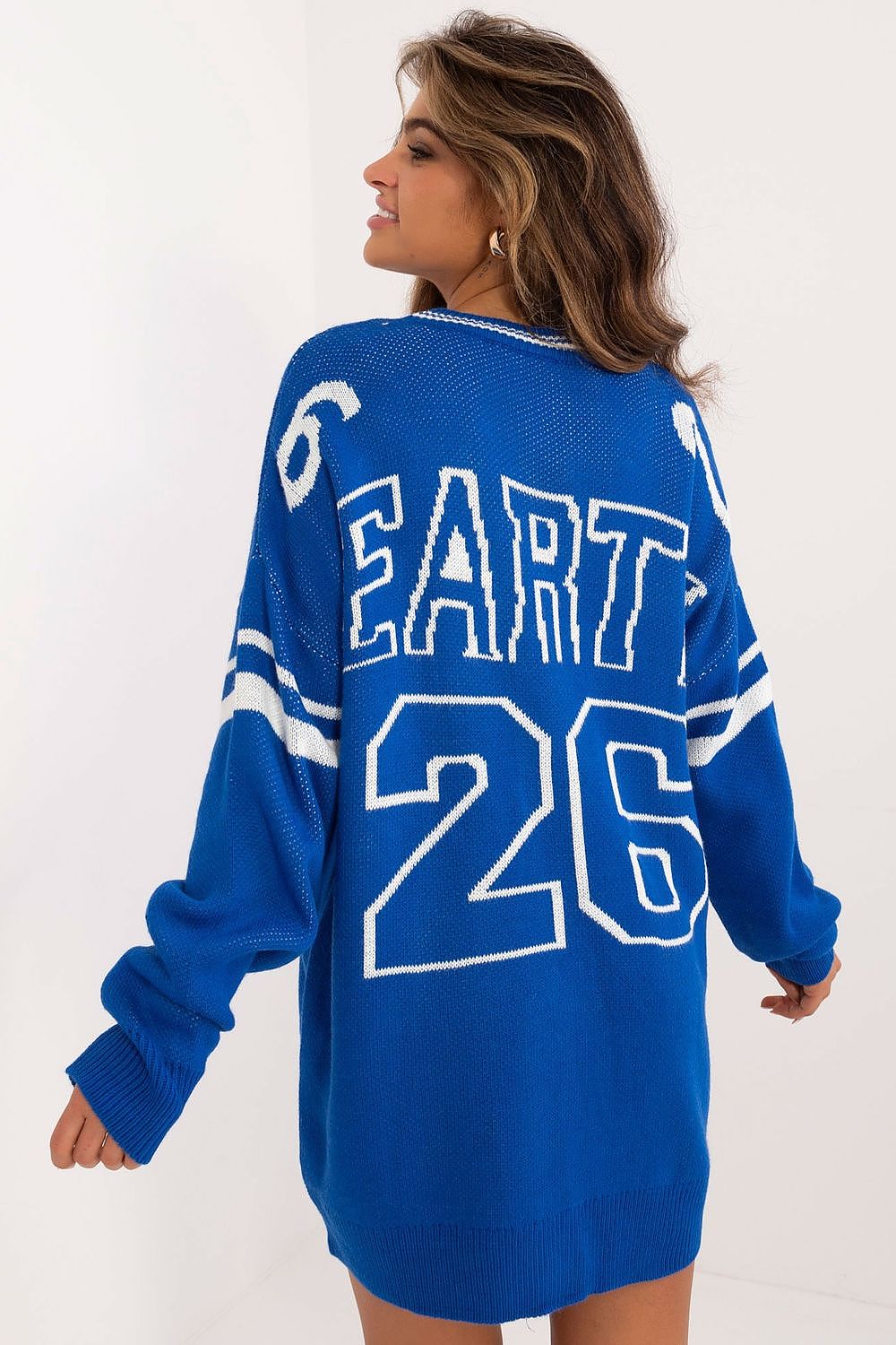 Chic everyday wear long women's sweater by Badu, made from a soft blend of acrylic and wool, ideal for a fashionable yet comfortable ensemble.