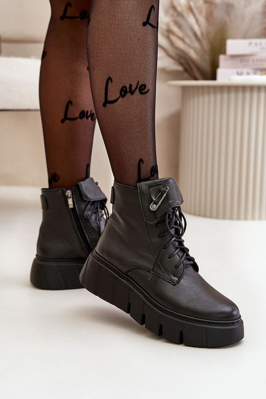 Elegant luxury women's leather buskin boots with platform, featuring lacing and zipper from Step in Style, designed for warmth with a fleece interior.