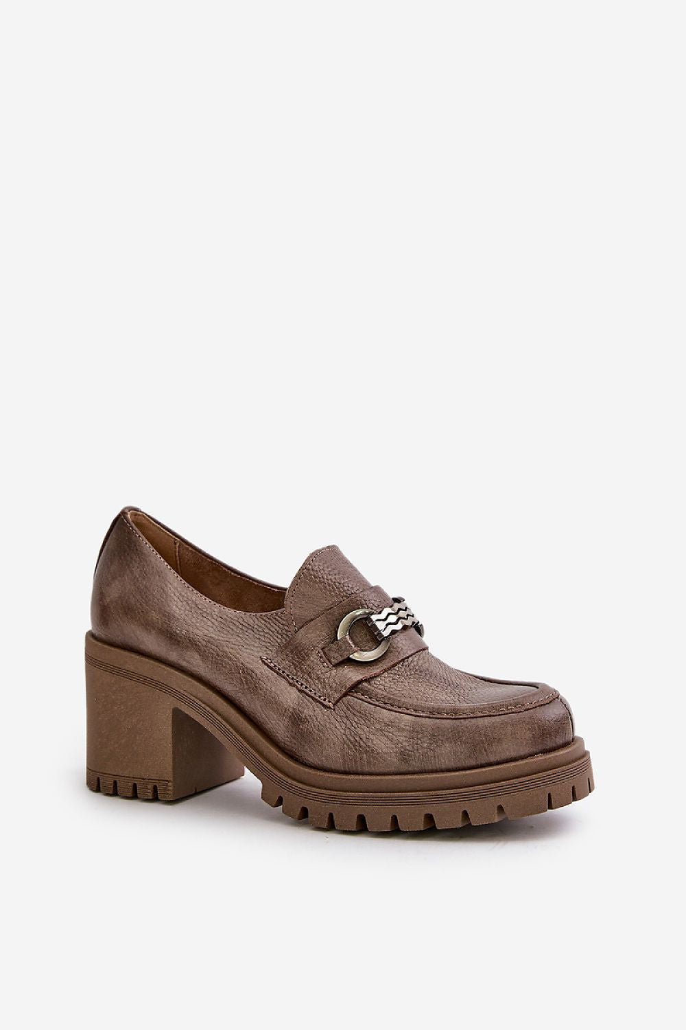 Stylish polished leather high-heeled shoes by Step in style featuring a decorative front and reinforced heel counter for comfort and stability.