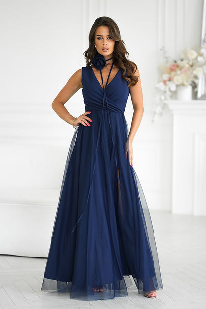 Bicotone's exquisite long dress with stylish slit and double-layered design, perfect for adding glamour to your wardrobe.